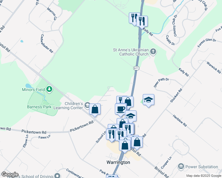 map of restaurants, bars, coffee shops, grocery stores, and more near 100 Ginko Street in Warrington