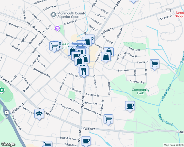map of restaurants, bars, coffee shops, grocery stores, and more near 15 Marcy Street in Freehold