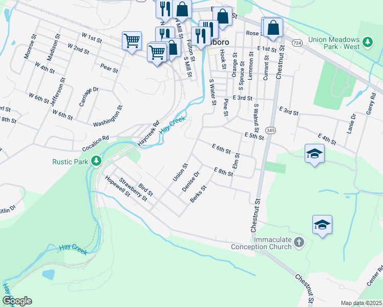 map of restaurants, bars, coffee shops, grocery stores, and more near 800 Union Street in Birdsboro