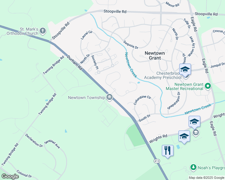 map of restaurants, bars, coffee shops, grocery stores, and more near 25 Rittenhouse Circle in Newtown