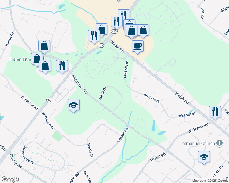 map of restaurants, bars, coffee shops, grocery stores, and more near 418 Militia Drive in Lansdale