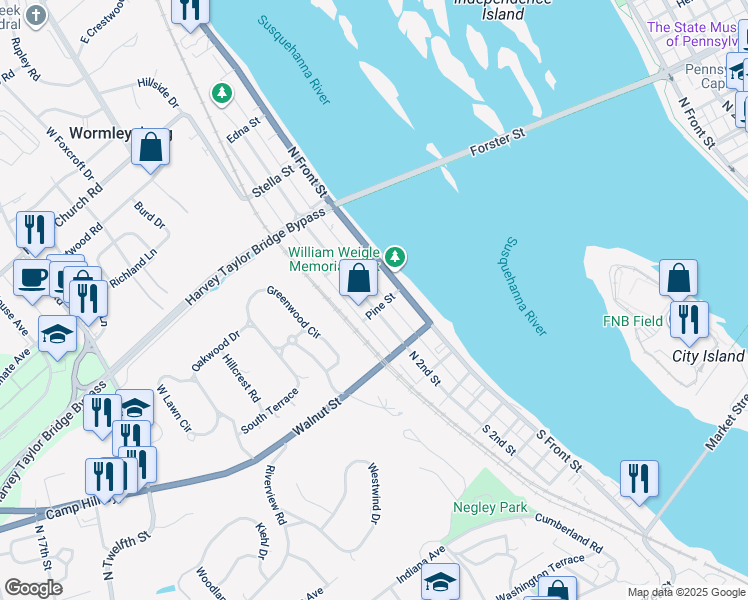 map of restaurants, bars, coffee shops, grocery stores, and more near 307 North 2nd Street in Wormleysburg