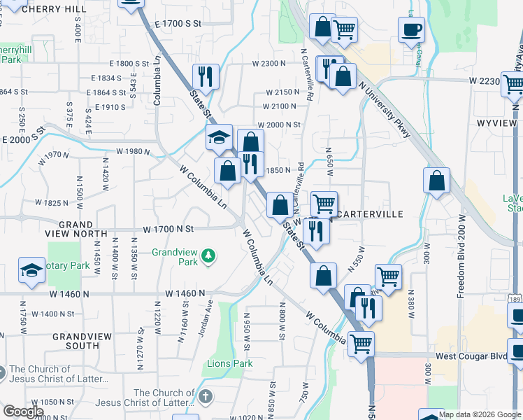 map of restaurants, bars, coffee shops, grocery stores, and more near 1661 Willowbrook Drive in Provo