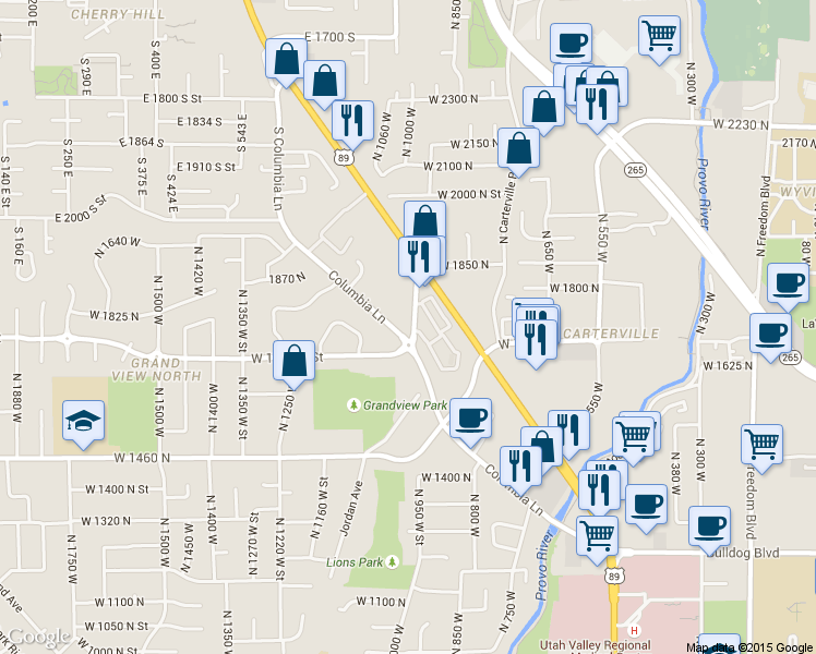 map of restaurants, bars, coffee shops, grocery stores, and more near 1750 North 950 West Street in Provo