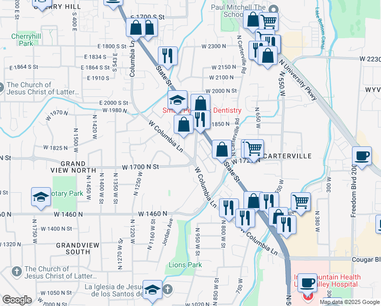 map of restaurants, bars, coffee shops, grocery stores, and more near 1750 North 950 West Street in Provo