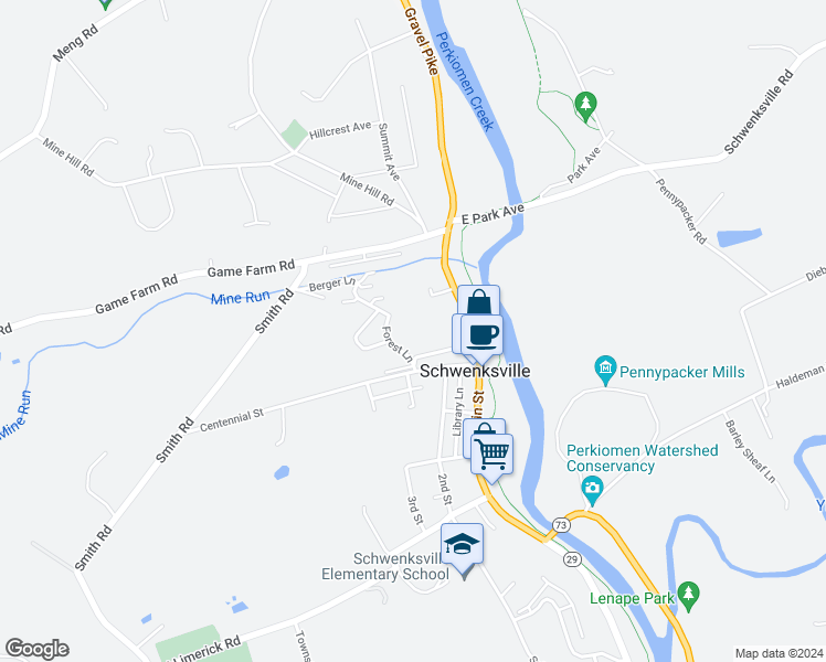 map of restaurants, bars, coffee shops, grocery stores, and more near 280 Walnut Street in Schwenksville