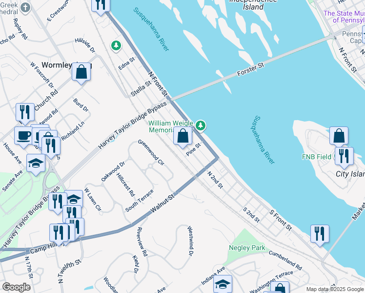 map of restaurants, bars, coffee shops, grocery stores, and more near 306 North 2nd Street in Wormleysburg