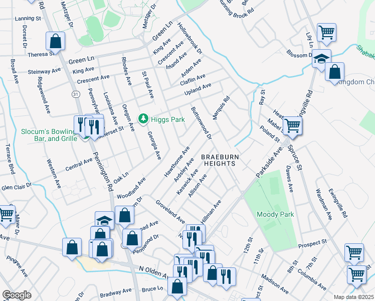 map of restaurants, bars, coffee shops, grocery stores, and more near 121 Ardsley Avenue in Ewing Township
