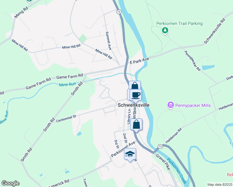 map of restaurants, bars, coffee shops, grocery stores, and more near 1221 Forest Lane in Schwenksville