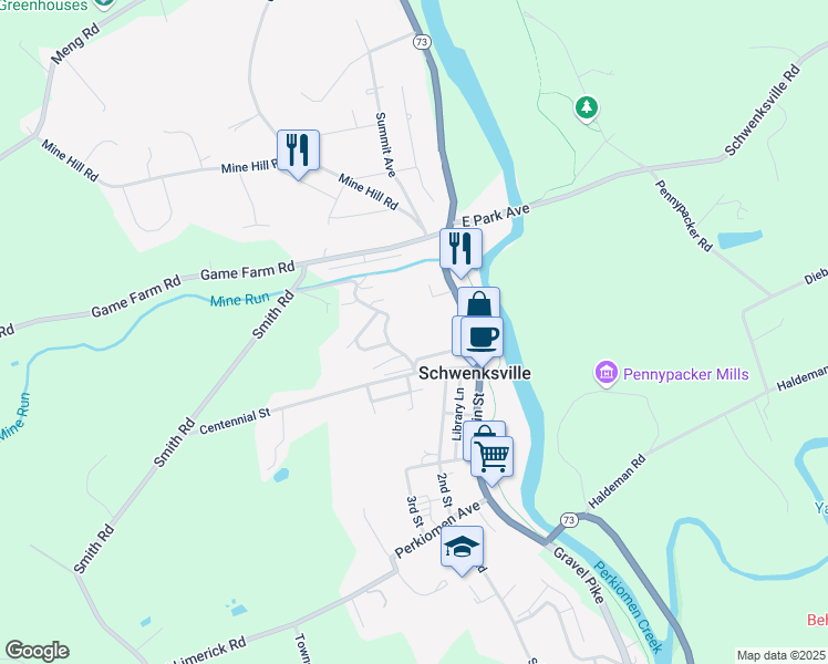map of restaurants, bars, coffee shops, grocery stores, and more near 280 Walnut Street in Schwenksville