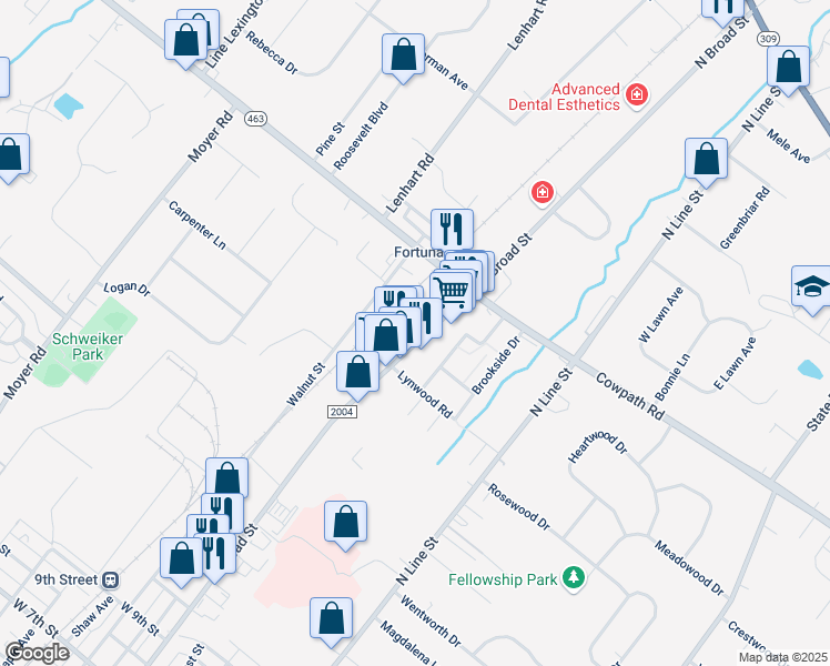 map of restaurants, bars, coffee shops, grocery stores, and more near 1740 North Broad Street in Lansdale