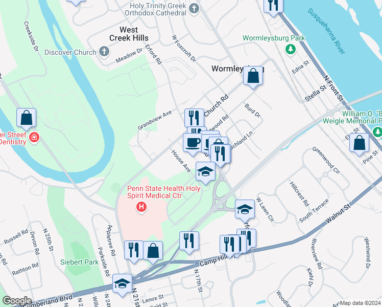 map of restaurants, bars, coffee shops, grocery stores, and more near in Camp Hill