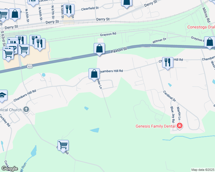 map of restaurants, bars, coffee shops, grocery stores, and more near 7348 Teal Drive in Harrisburg