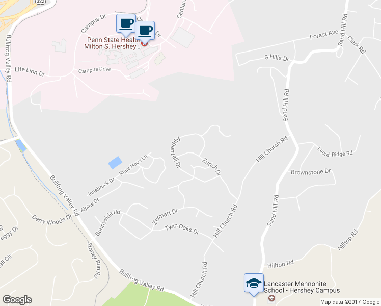 map of restaurants, bars, coffee shops, grocery stores, and more near 664 Zurich Drive in Hummelstown