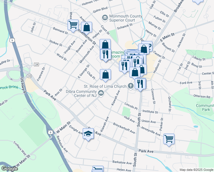 map of restaurants, bars, coffee shops, grocery stores, and more near 86 West Main Street in Freehold