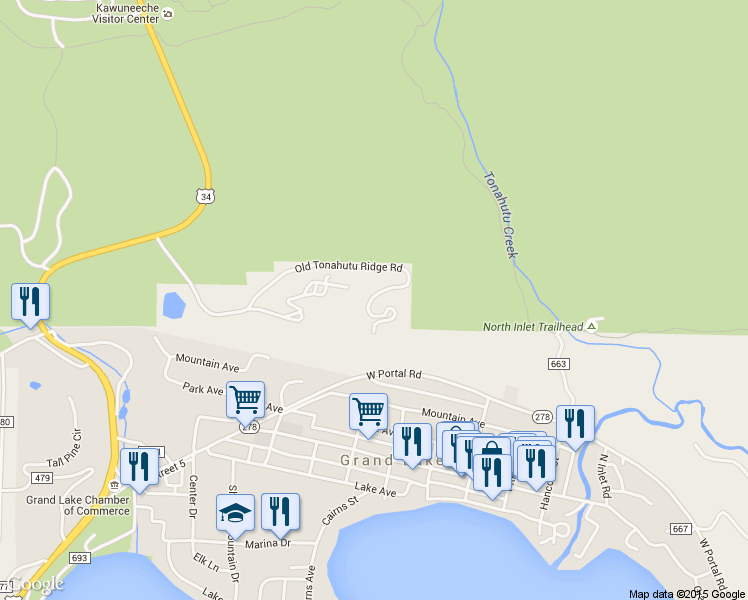 map of restaurants, bars, coffee shops, grocery stores, and more near 10-87 Farview Lane in Grand Lake