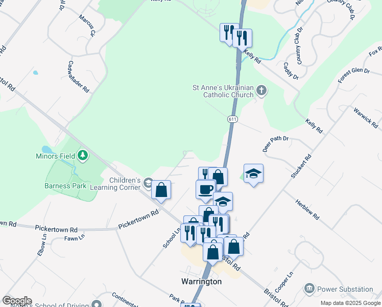 map of restaurants, bars, coffee shops, grocery stores, and more near 100 Ginko Street in Warrington