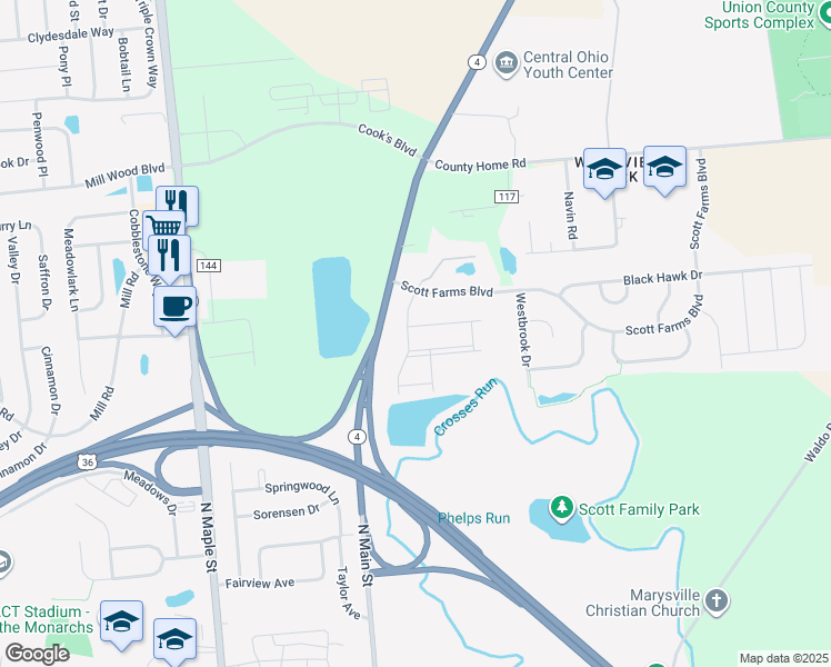 map of restaurants, bars, coffee shops, grocery stores, and more near 259 Honeysuckle Lane in Marysville