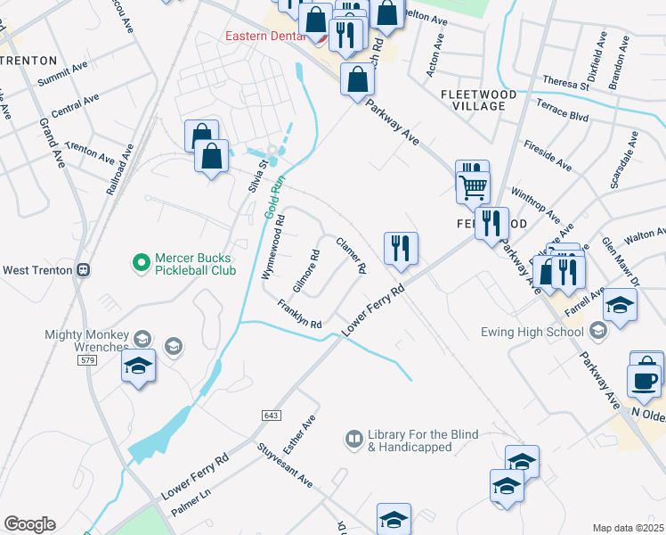 map of restaurants, bars, coffee shops, grocery stores, and more near 23 Downing Road in Ewing Township
