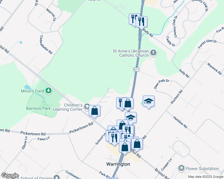 map of restaurants, bars, coffee shops, grocery stores, and more near 100 Ginko Street in Warrington