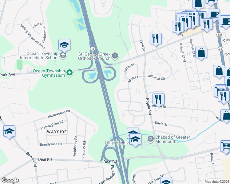map of restaurants, bars, coffee shops, grocery stores, and more near 79 Old Orchard Lane in Monmouth County