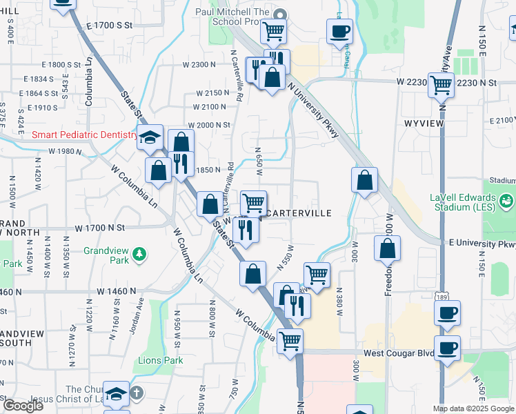 map of restaurants, bars, coffee shops, grocery stores, and more near 1700 North State Street in Provo