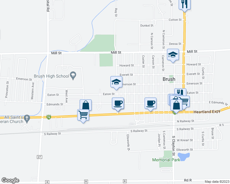 map of restaurants, bars, coffee shops, grocery stores, and more near 1012 Eaton Street in Brush