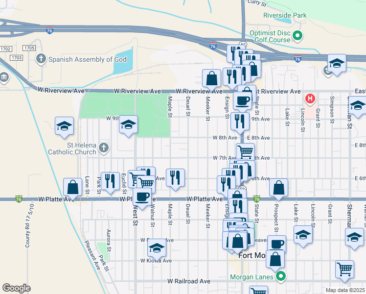 map of restaurants, bars, coffee shops, grocery stores, and more near 800 Deuel Street in Fort Morgan