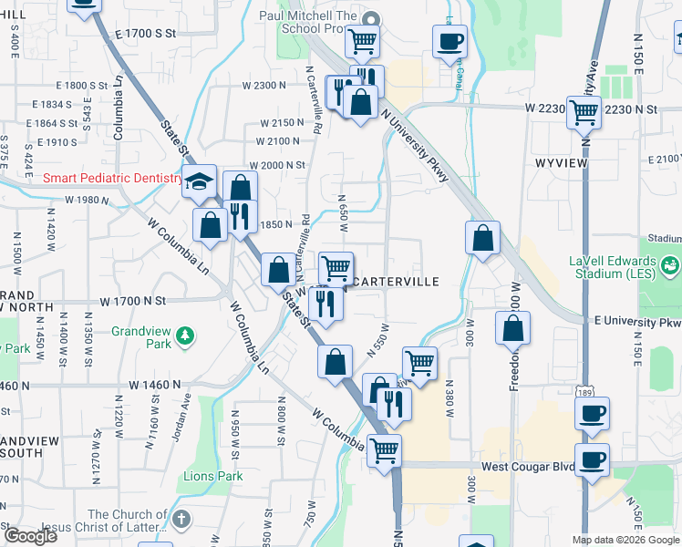 map of restaurants, bars, coffee shops, grocery stores, and more near 1700 North State Street in Provo