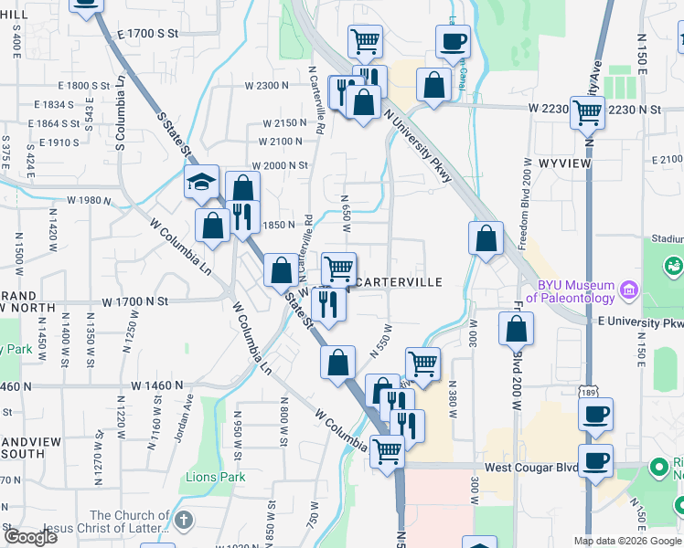 map of restaurants, bars, coffee shops, grocery stores, and more near 1700 North State Street in Provo
