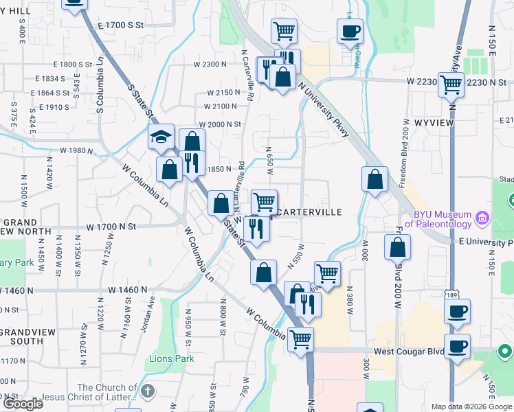 map of restaurants, bars, coffee shops, grocery stores, and more near 1700 North State Street in Provo