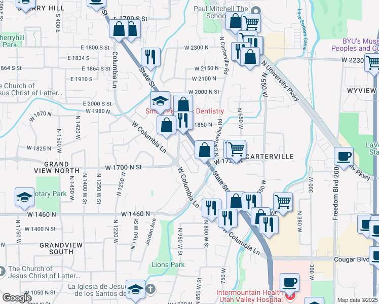 map of restaurants, bars, coffee shops, grocery stores, and more near 1750 North 950 West Street in Provo