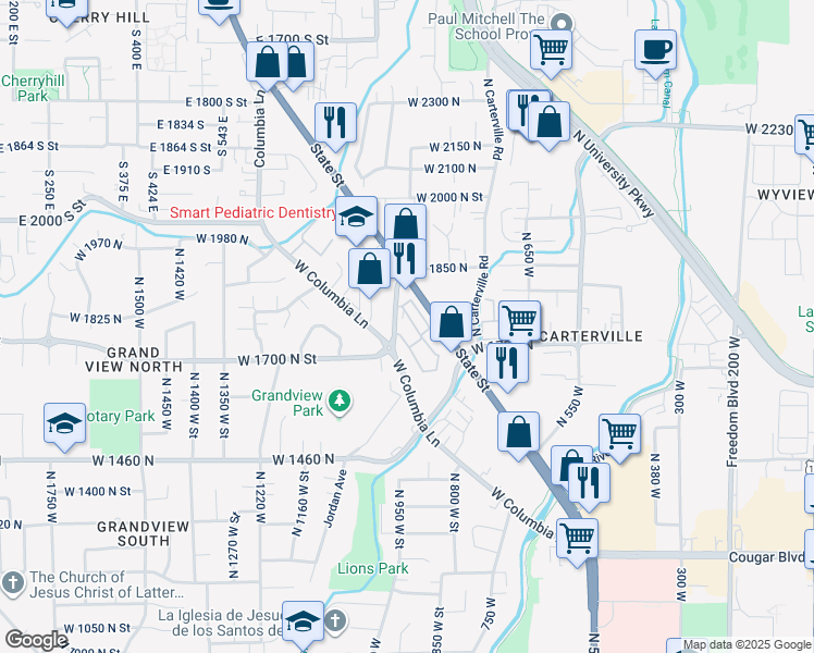 map of restaurants, bars, coffee shops, grocery stores, and more near 1750 North 950 West Street in Provo