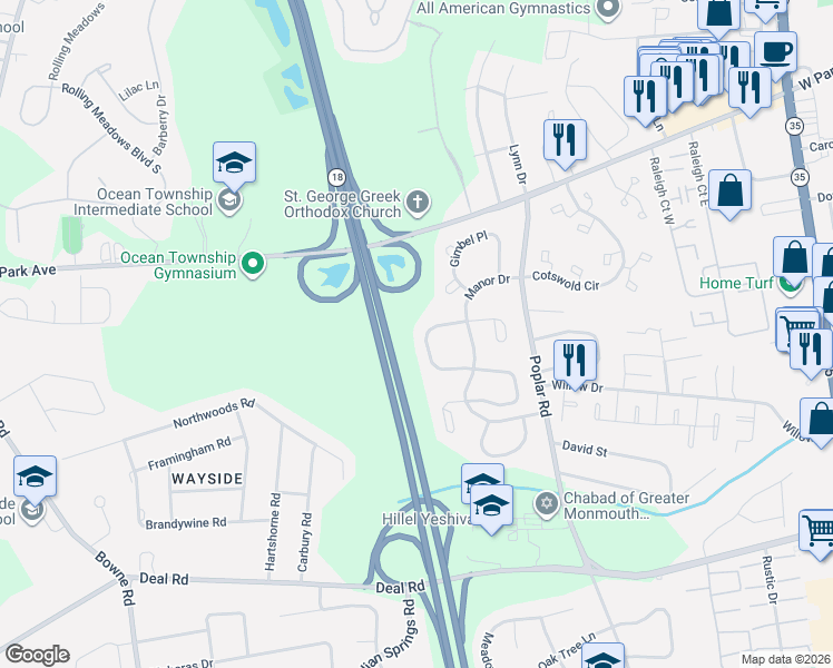 map of restaurants, bars, coffee shops, grocery stores, and more near 79 Old Orchard Lane in Monmouth County