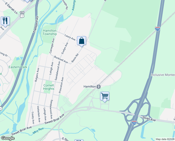 map of restaurants, bars, coffee shops, grocery stores, and more near 1347 Sierra Drive in Trenton