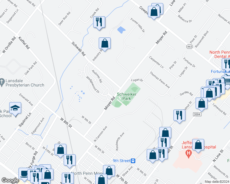 map of restaurants, bars, coffee shops, grocery stores, and more near 801 Wedgewood Drive in Lansdale