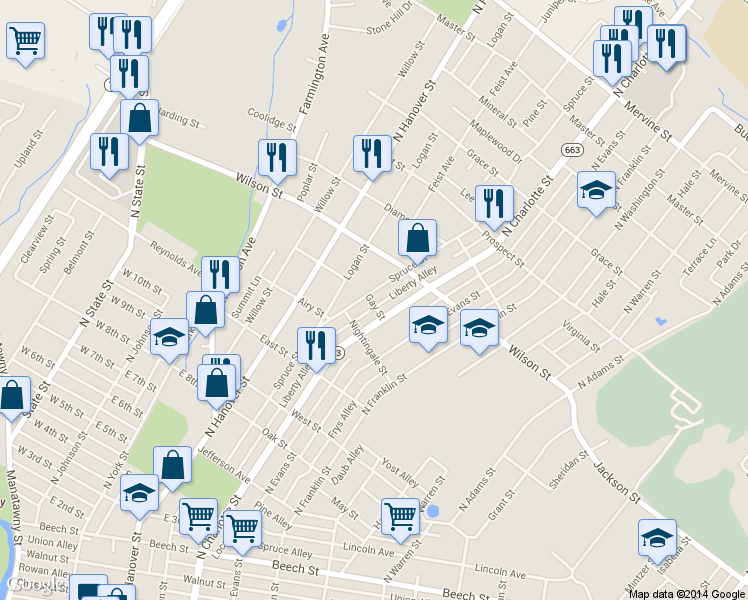 map of restaurants, bars, coffee shops, grocery stores, and more near 737 North Charlotte Street in Pottstown
