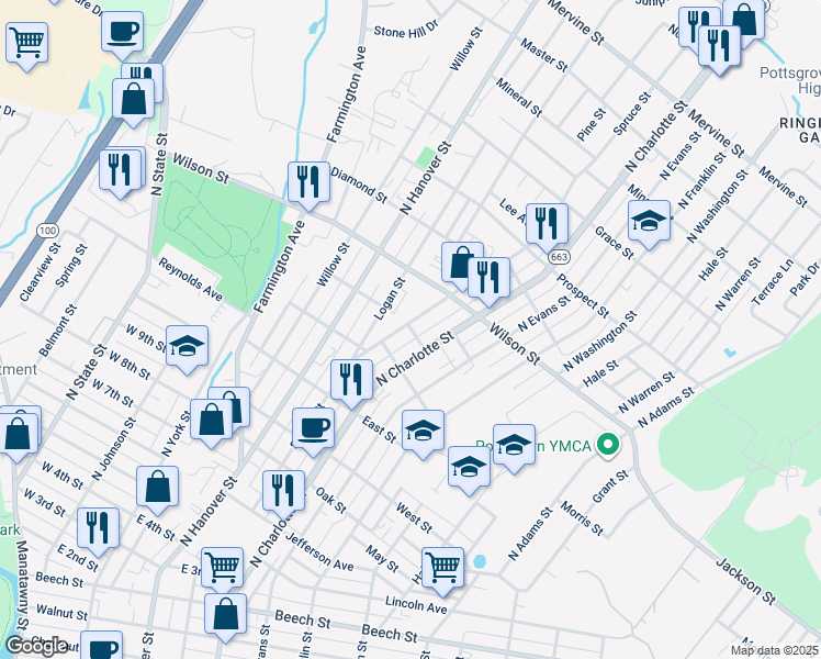 map of restaurants, bars, coffee shops, grocery stores, and more near 737 North Charlotte Street in Pottstown