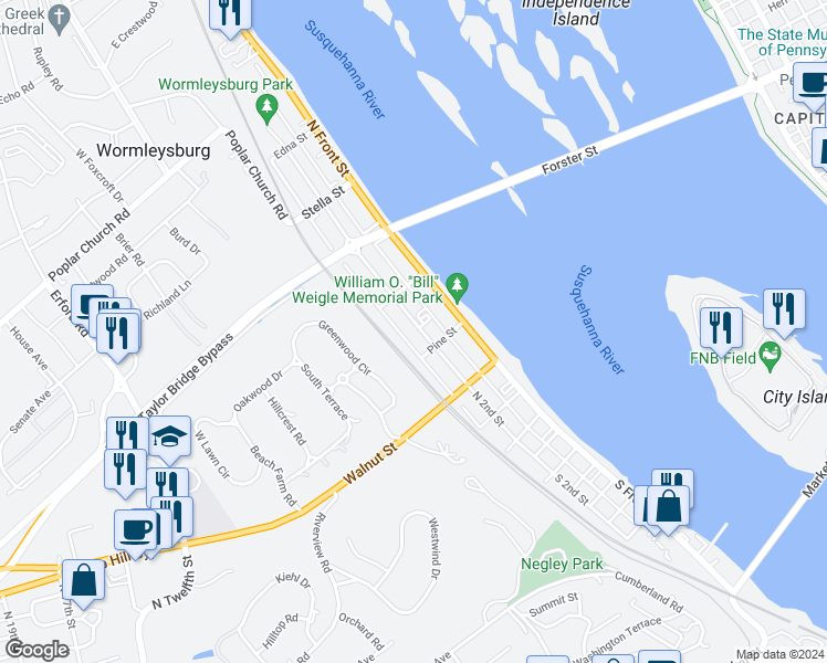 map of restaurants, bars, coffee shops, grocery stores, and more near 306 North 2nd Street in Wormleysburg
