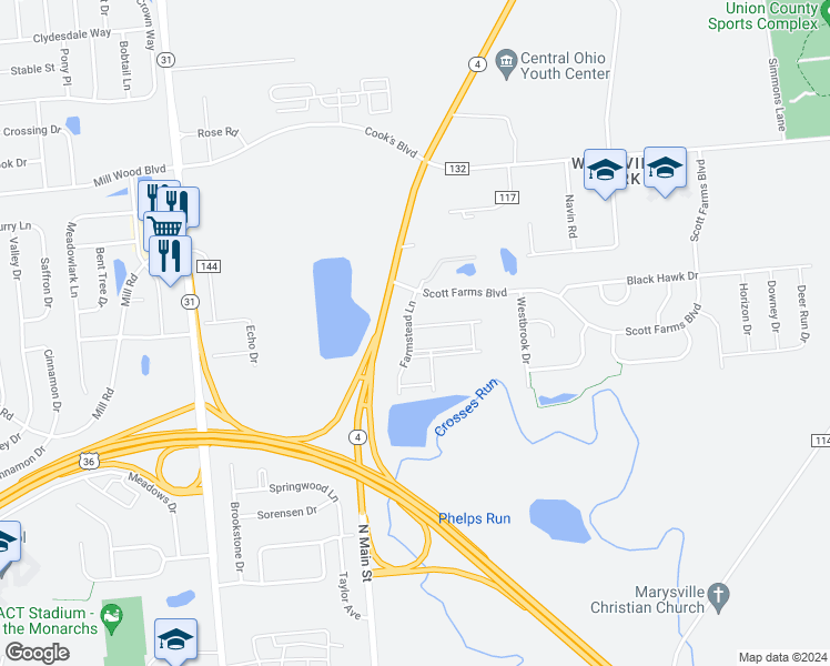 map of restaurants, bars, coffee shops, grocery stores, and more near in Marysville