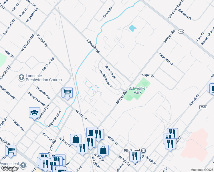 map of restaurants, bars, coffee shops, grocery stores, and more near 872 Wedgewood Drive in Lansdale