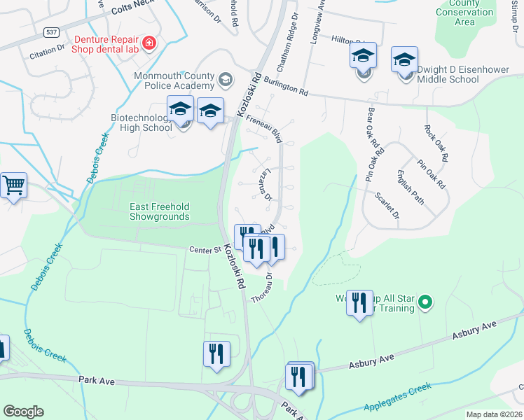 map of restaurants, bars, coffee shops, grocery stores, and more near 11 Longfellow Court in Freehold