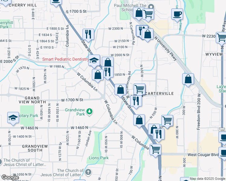 map of restaurants, bars, coffee shops, grocery stores, and more near 1704 Hickory Lane in Provo