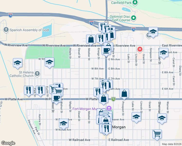 map of restaurants, bars, coffee shops, grocery stores, and more near 805 Meeker Street in Fort Morgan