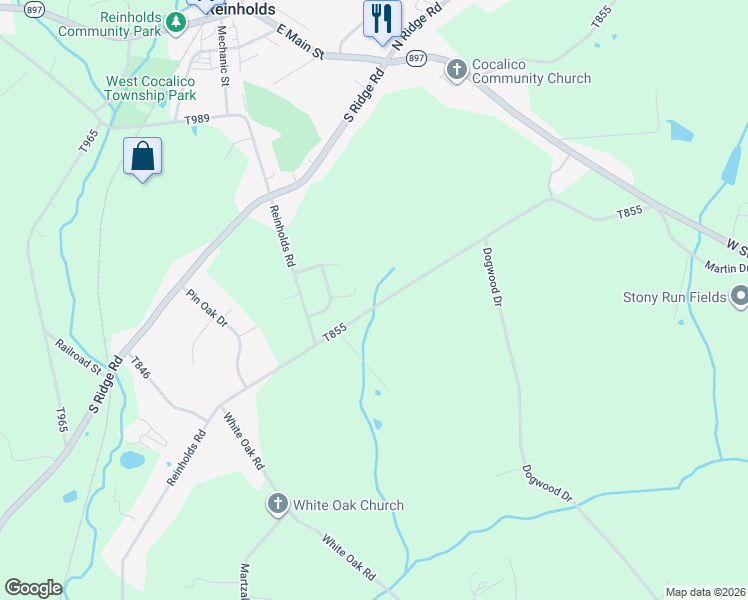 map of restaurants, bars, coffee shops, grocery stores, and more near 320 Brunners Grove Road in Reinholds