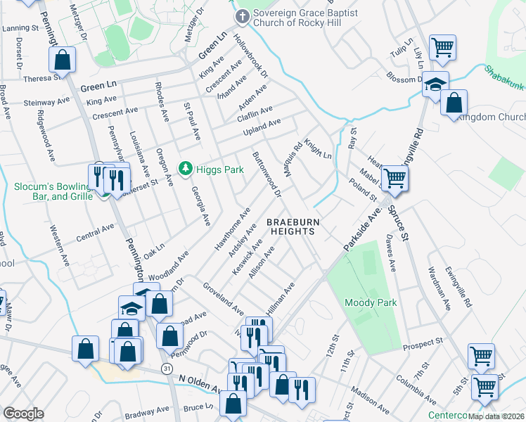 map of restaurants, bars, coffee shops, grocery stores, and more near 121 Ardsley Avenue in Ewing Township