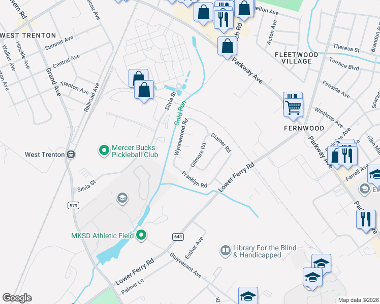 map of restaurants, bars, coffee shops, grocery stores, and more near 14 Gilmore Road in Trenton