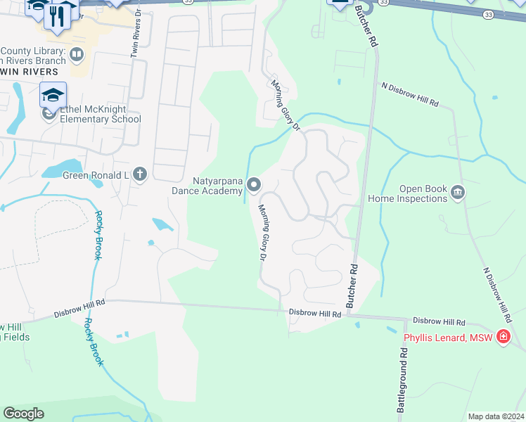 map of restaurants, bars, coffee shops, grocery stores, and more near 1062 Morning Glory Drive in Monroe Township