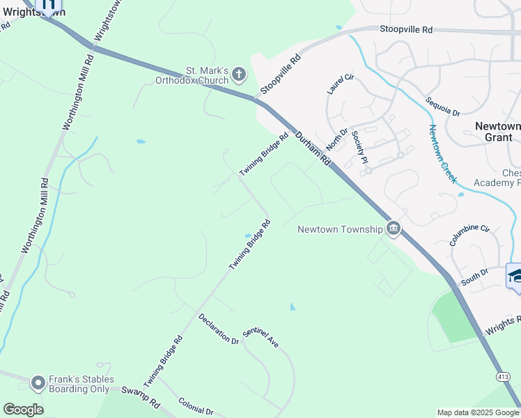 map of restaurants, bars, coffee shops, grocery stores, and more near 152 Twining Bridge Road in Newtown