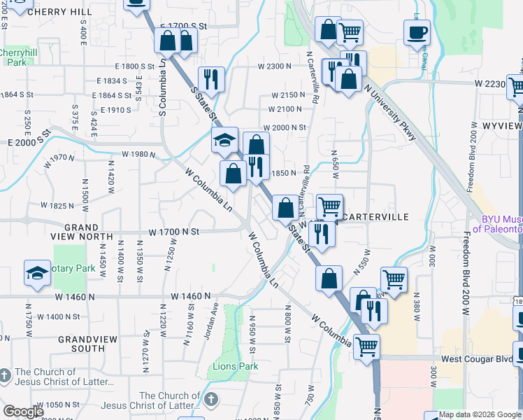 map of restaurants, bars, coffee shops, grocery stores, and more near 1729 Willowbrook Drive in Provo